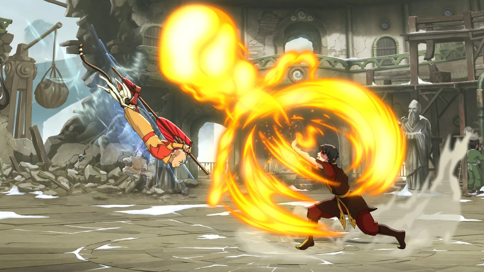 Aang and Zaheer clash mid-combo in Avatar Legends: The Fighting Game.