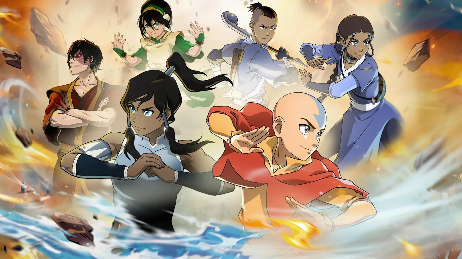 Official Avatar Legends key art showing the cast amid the four elements.