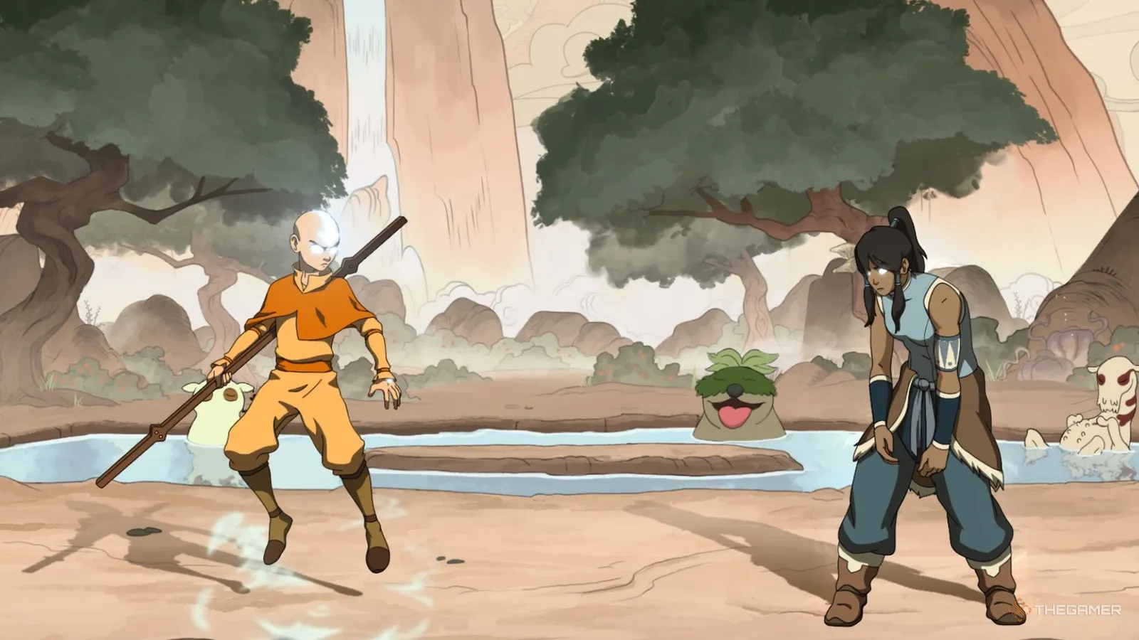 Avatar State Aang facing off against Nightmare Korra in Avatar Legends: The Fighting Game.