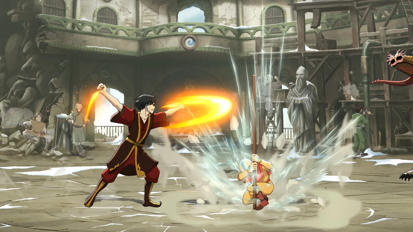 A scene from Avatar Legends Story Mode — the campaign mixes fights with dialogue-heavy cutscenes.
