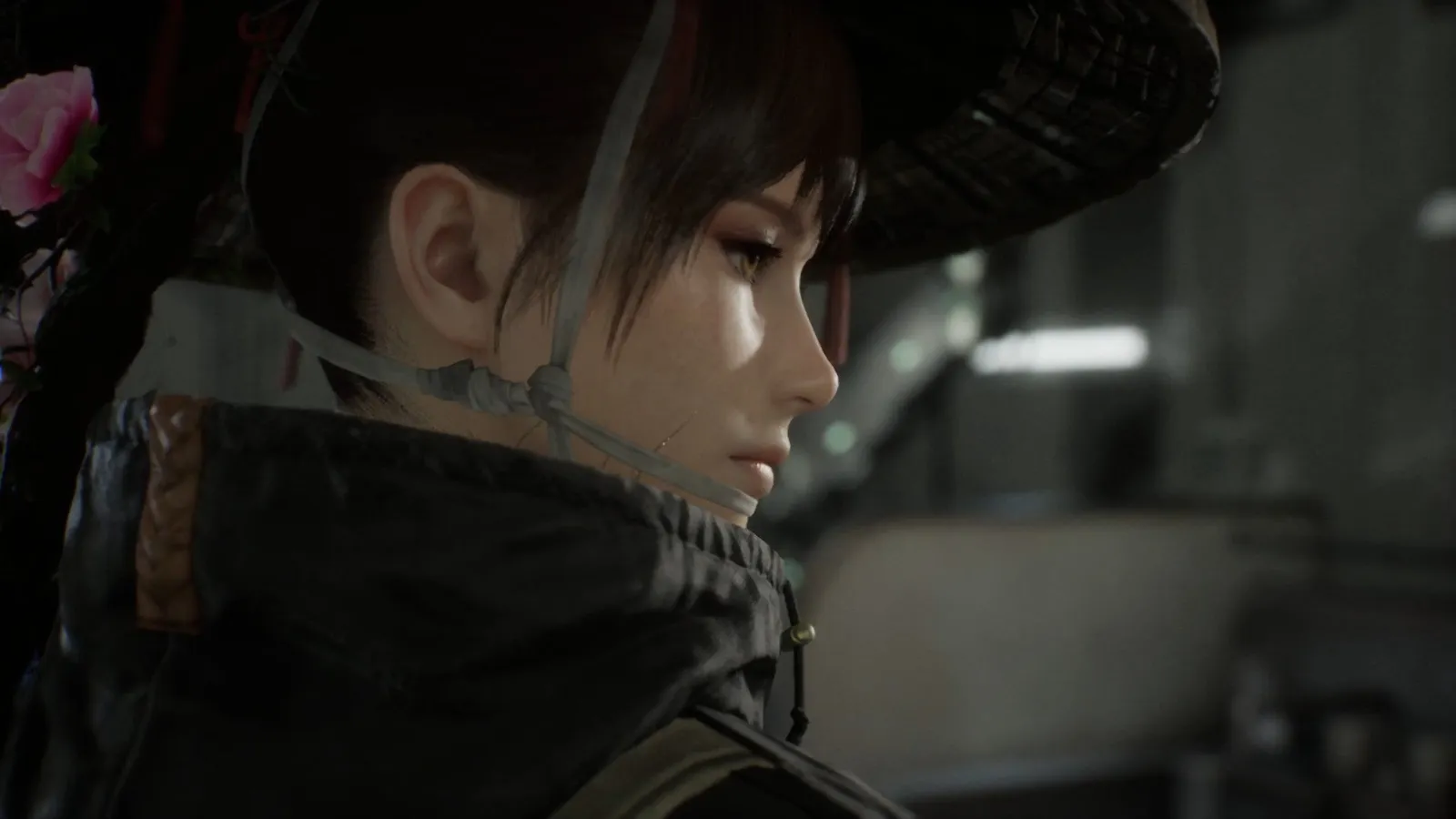 Emma standing in the Blight-covered wilderness at the start of the game.