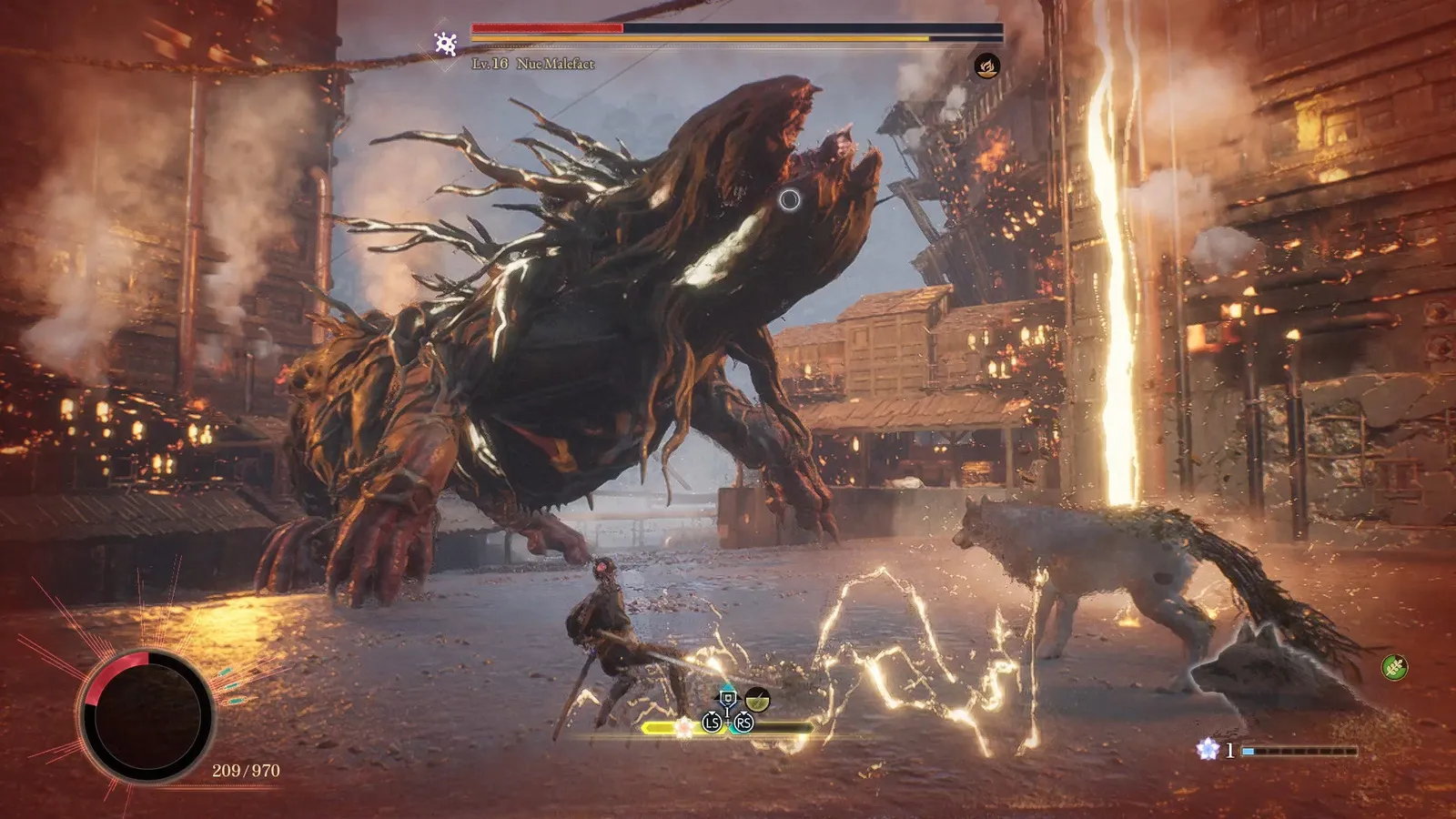 Emma fights a Nue Malefact with lightning effects — combat content updated across patches.