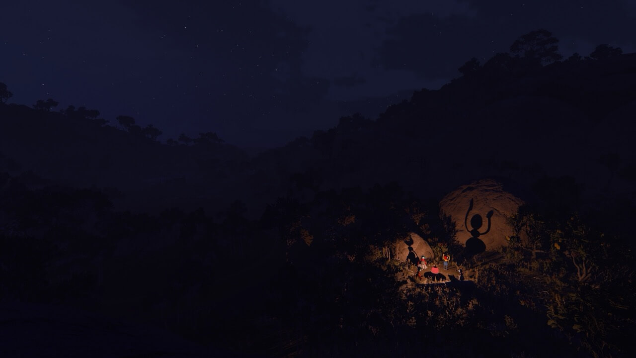 Players gather around a campsite at night in Big Walk.