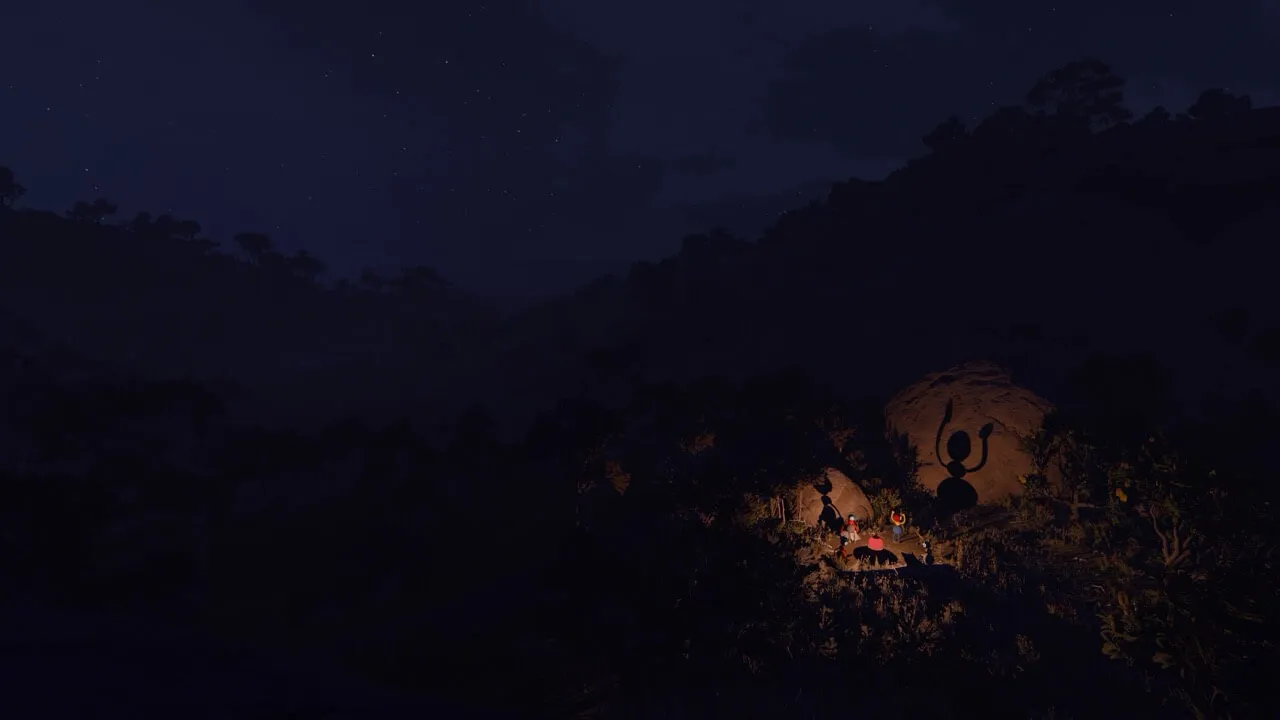 Players gather around a campsite at night in Big Walk.