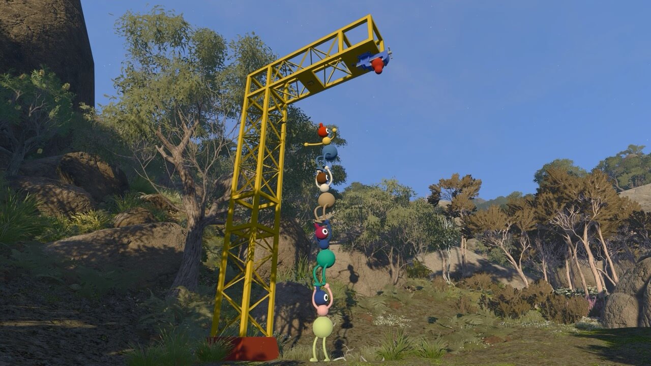 A stack of players reaching a high switch.
