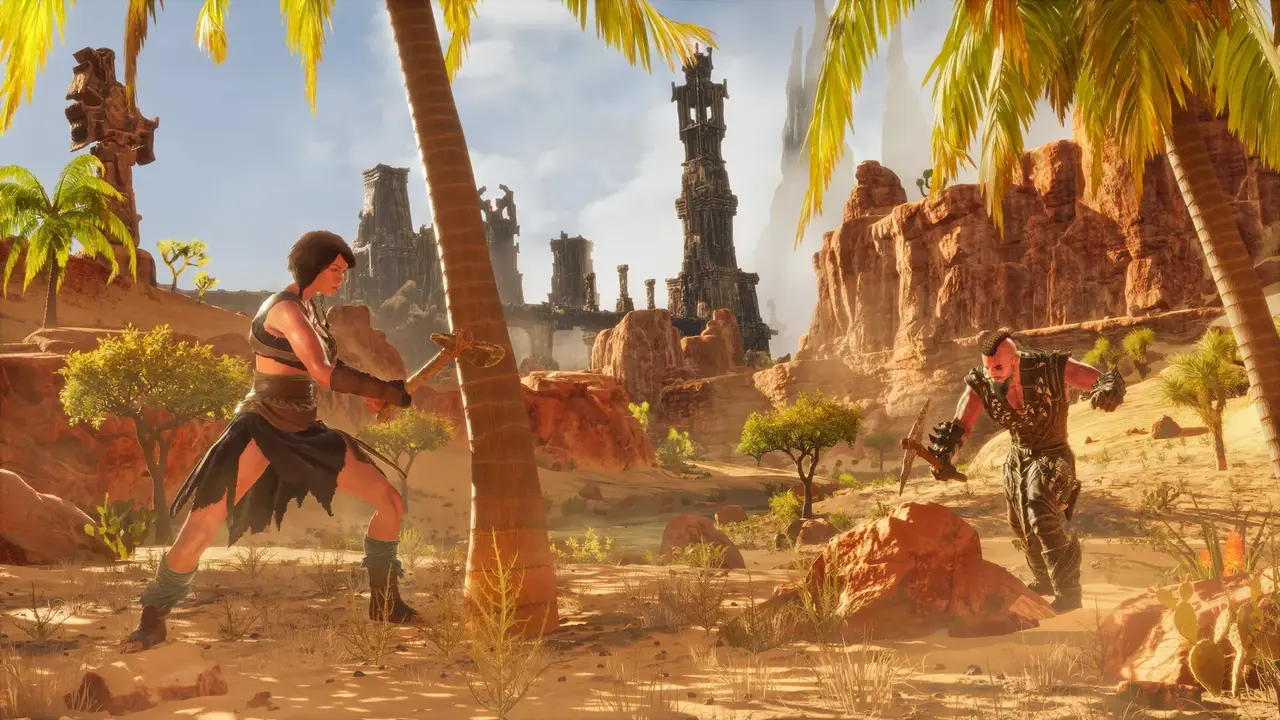 Official Conan Exiles Enhanced screenshot from the Steam store page — followers and combat in the Exiled Lands.