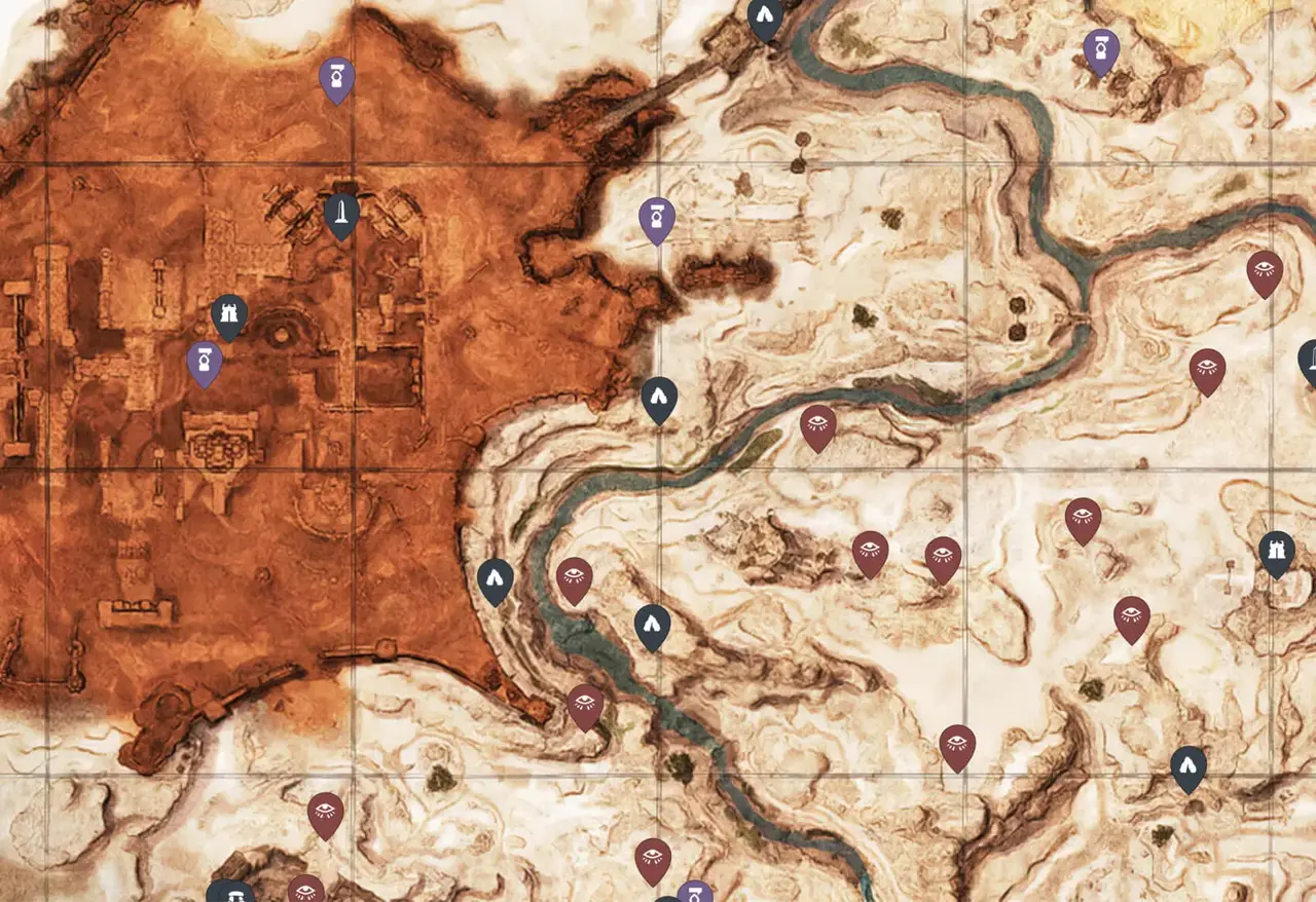 The Exiled Lands interactive map preview (MapGenie) — the grid every Conan Exiles map shares.