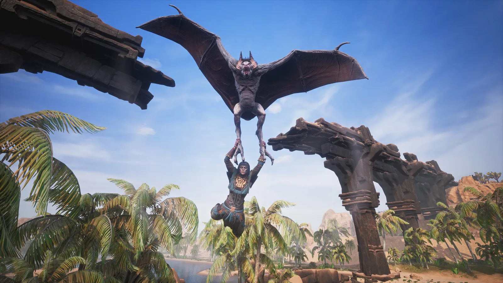 Official Conan Exiles Enhanced screenshot from the Steam store page — a fighter thrall standing guard.