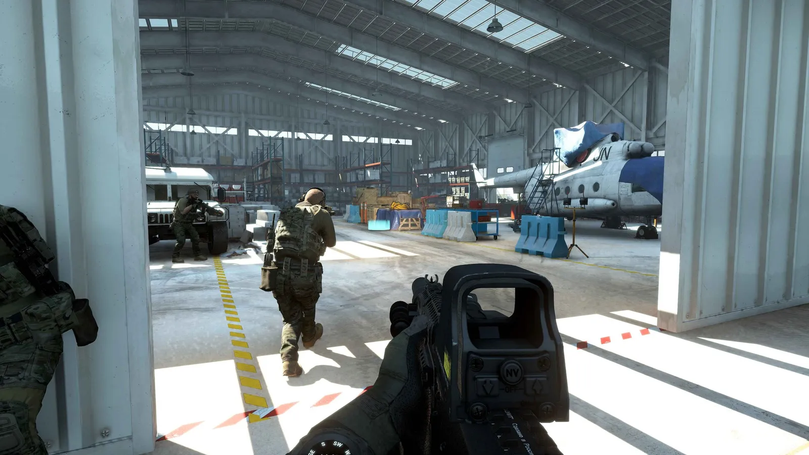 Night operations — many maps have day and night variants, and NVG changes how you clear rooms.