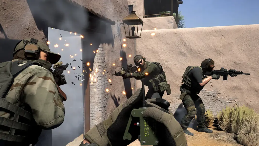 Urban combat through a damaged building — the kind of environment most PvE and PvP rounds are fought in.