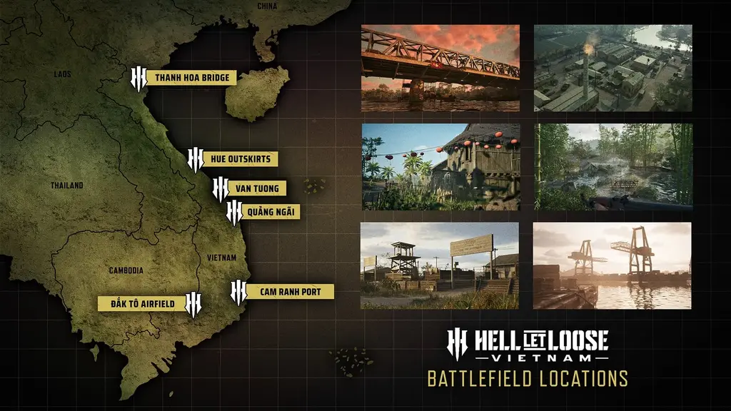 Hell Let Loose: Vietnam — the six launch battlefields, official overview artwork.