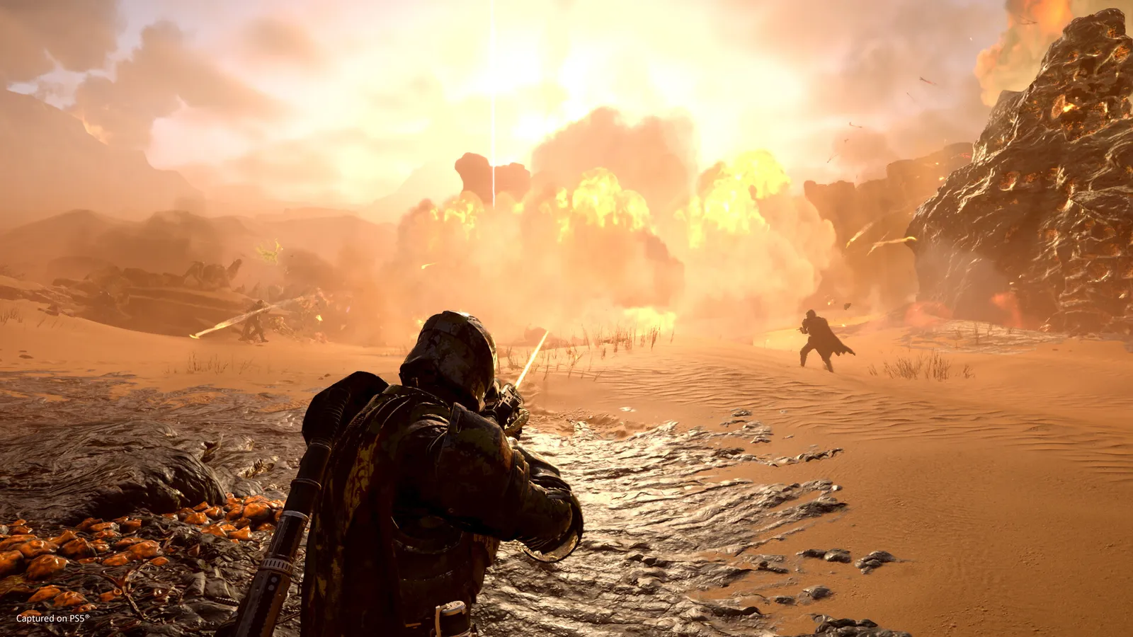 Helldivers 2 squad firefight in a city biome (official Steam screenshot)