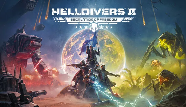 Helldivers 2 official Steam capsule art showing Helldivers equipment