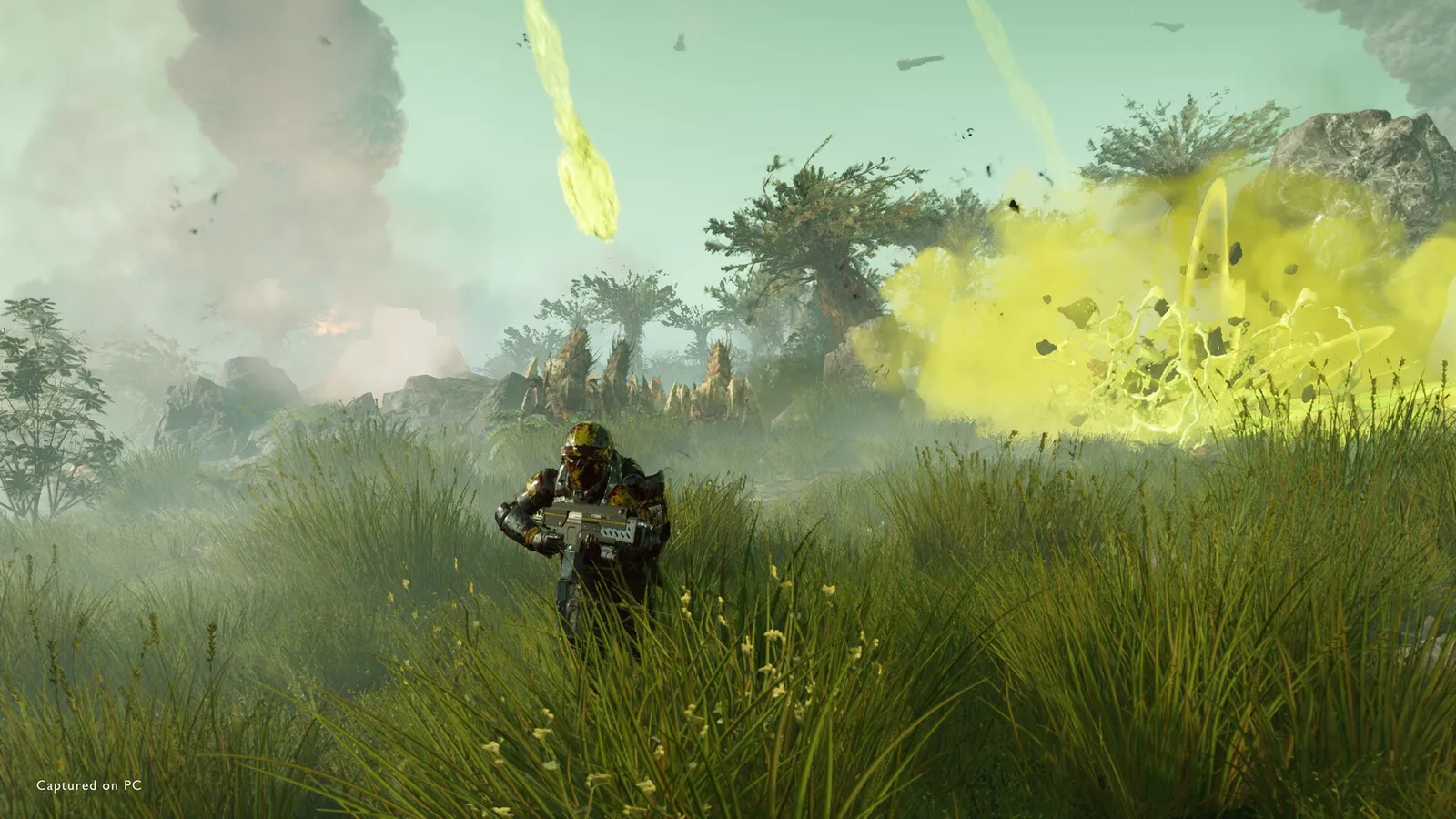 Helldivers 2 Helldiver aiming a weapon in combat (official Steam store screenshot)