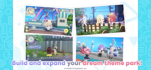 hololive Dreams park scene with members gathered at facilities.