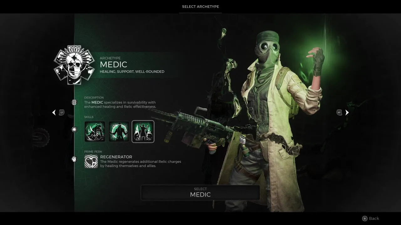 Remnant 2 archetype selection screen showing the Medic class and its Regenerator prime perk