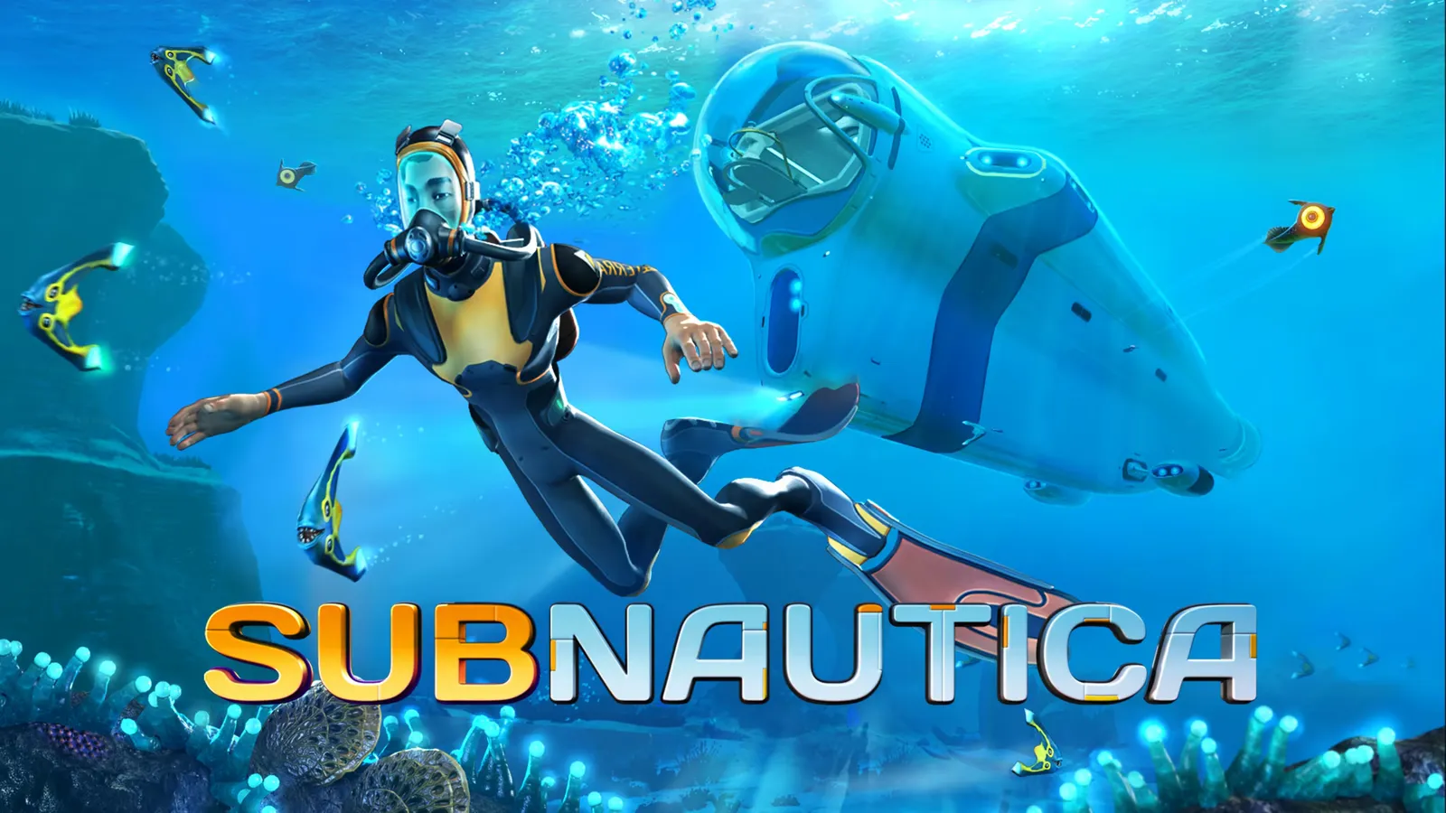 Official Subnautica key art — an explorer diving into the deep