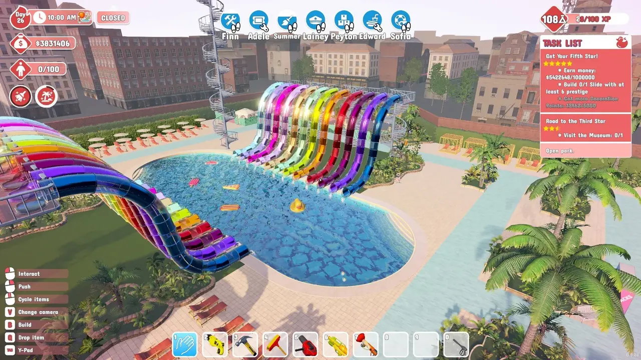 Waterpark Simulator — the save file holds everything: park layout, staff, research, and money.