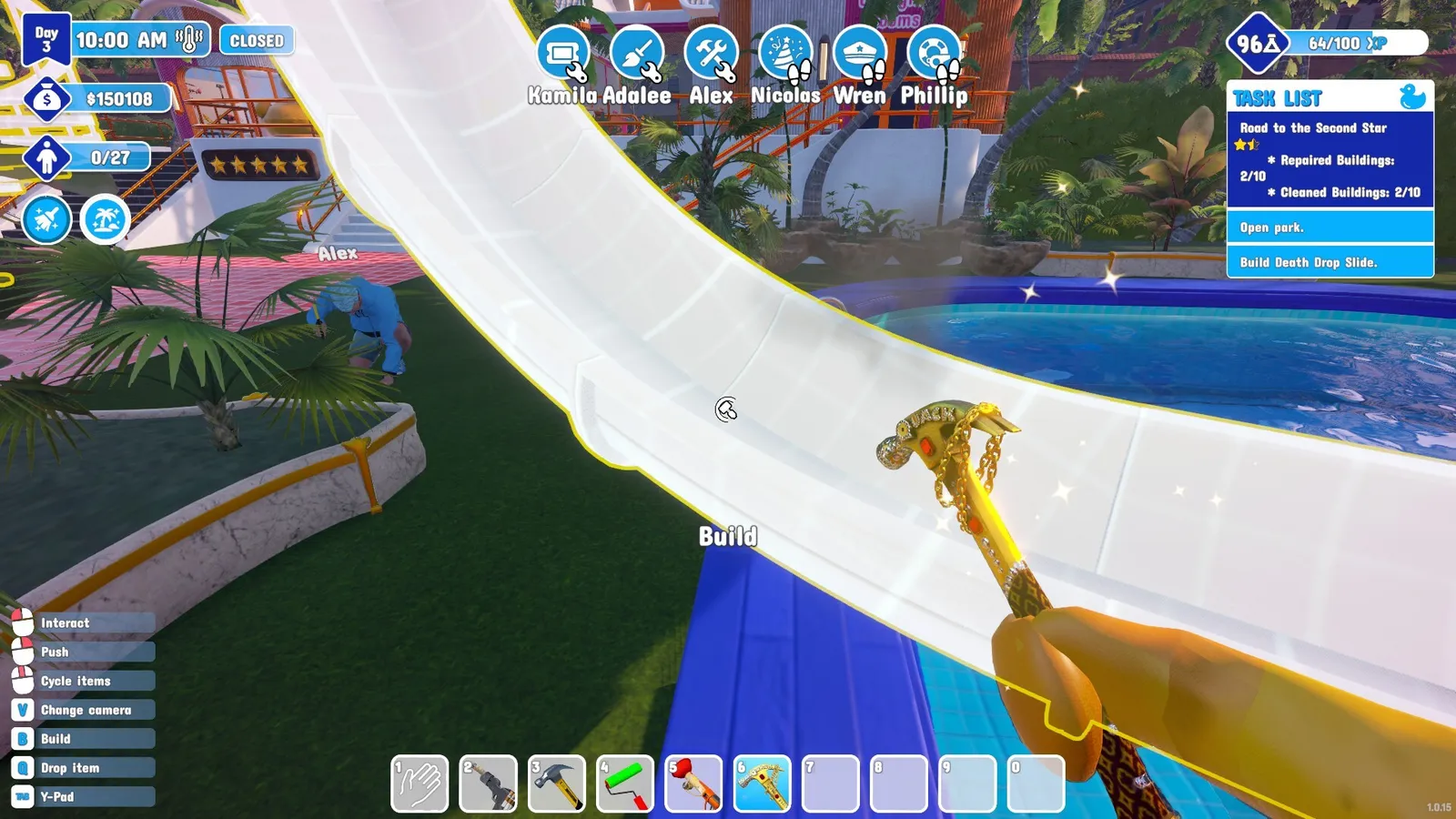 Waterpark Simulator — the park economy in action: stalls, vending machines, and paid attractions.