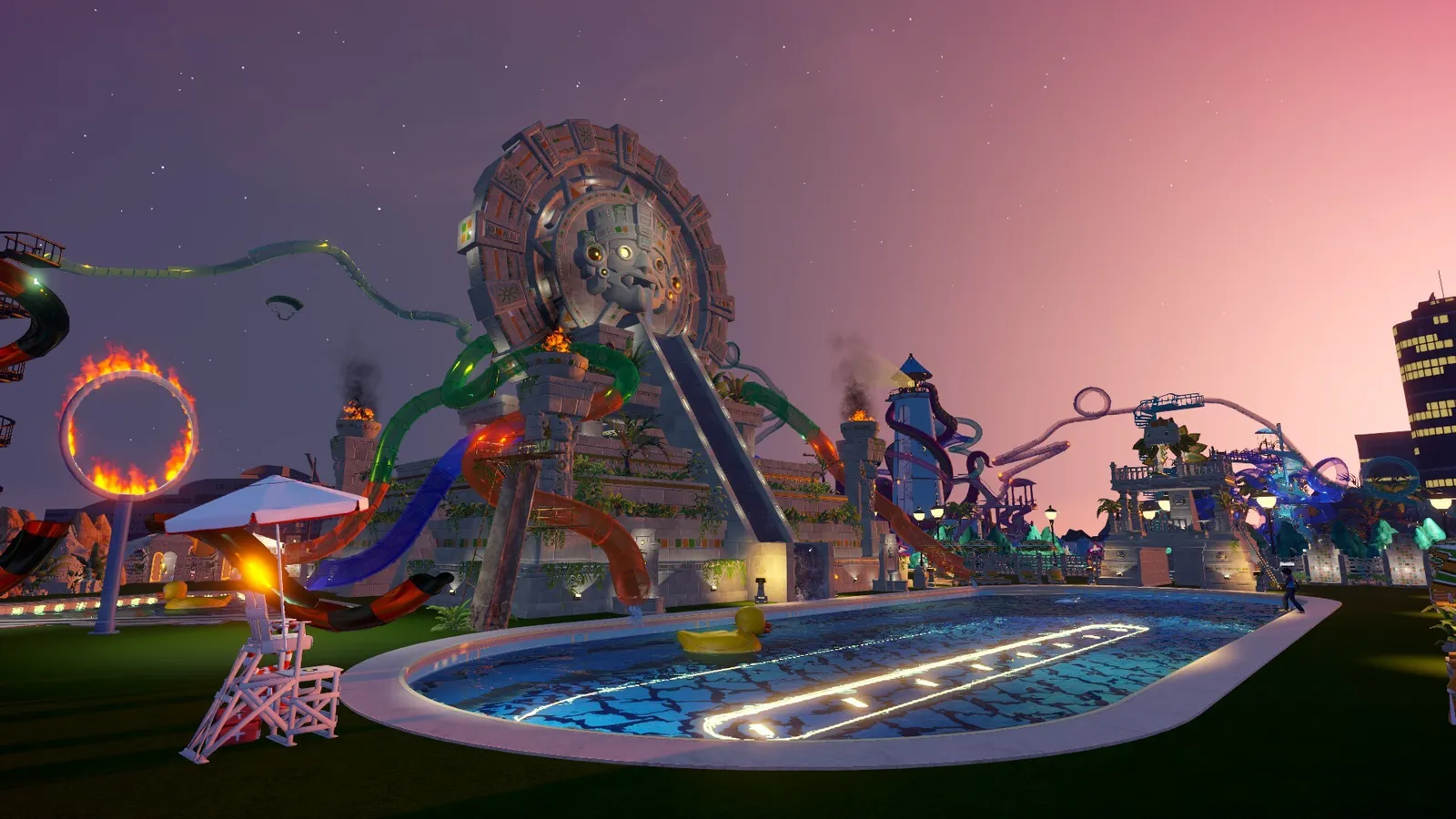 Waterpark Simulator — a crowded park with guests and staff during a busy afternoon.